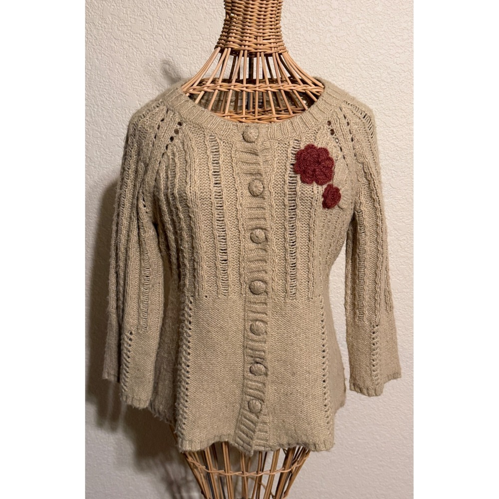 DKNY Jeans Beige Crochet Flower Cable Knit Cardigan S Sweater Rosettes cowgirl